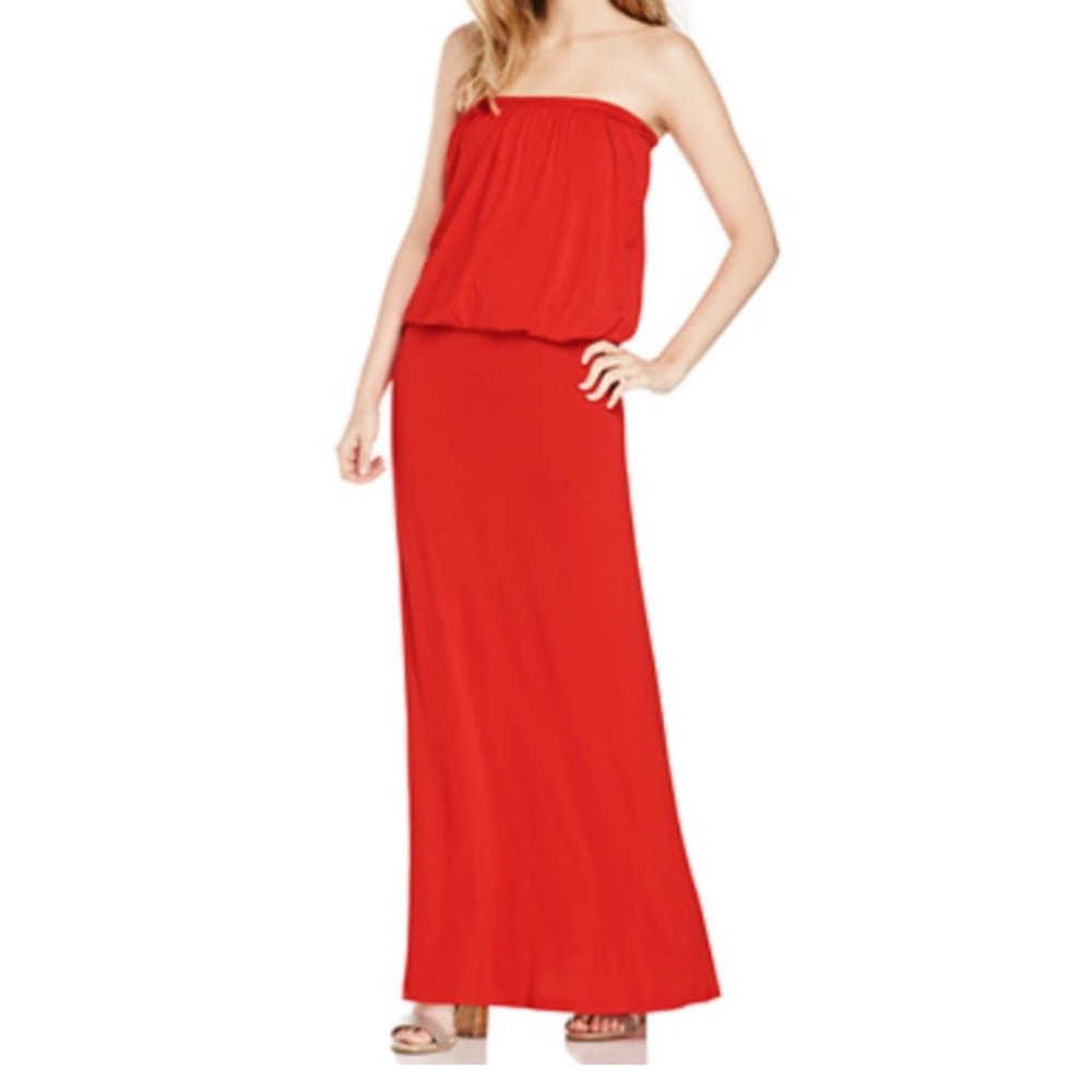 Red strapless maxi dress
